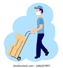 Delivery of goods during the prevention of coronovirus, Covid-19. Courier in a face mask with a delivery goods. Safety and self-care concept. Vector flat illustration.