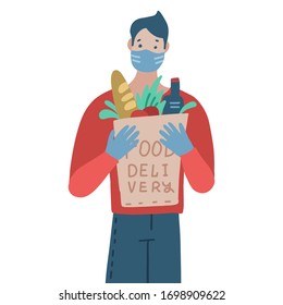 Delivery of goods during the prevention of coronovirus, Covid-19. Courier in a face mask with a box in his hands. Portrait from the waist up. Vector flat illustration.