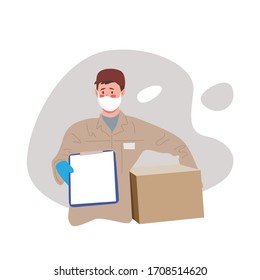 Delivery of goods during the prevention of coronovirus, Covid-19. Courier in a face mask with a box in his hands. Portrait from the waist up. Vector flat illustration