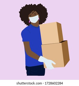 Delivery of goods during the prevention of coronovirus, Covid-19. Courier woman in a glovs and mask with a box in his hands. Isolated over bright vivid green background. Girl in mask