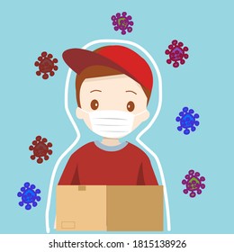 Delivery of goods during the prevention of coronovirus, Covid-19. Courier in a face mask with a box in his hands. Portrait from the waist up