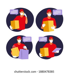 Delivery of goods during the prevention of coronovirus, Covid-19. Courier in a face mask with a box in his hands. Portrait from the waist up. Vector flat illustration.