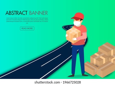 Delivery of goods during the prevention of coronovirus, Covid-19. Courier in a face mask with a box in his hands. Portrait from the waist up. Vector flat illustration.
