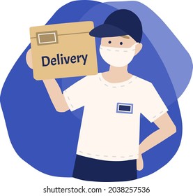 Delivery of goods during the prevention of coronovirus, Covid-19. Courier in a face mask with a box in his hands. Portrait from the waist up. Vector flat illustration.
