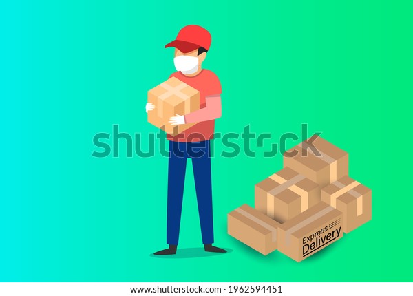 Delivery of goods during the\
prevention of coronovirus, Covid-19. Courier in a face mask with a\
box in his hands. Portrait from the waist up. Vector flat\
illustration.\
