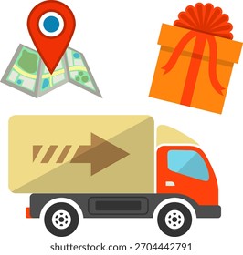 Delivery Goods Flat Icons for e-commerce with Truck, Map and Gift. Vector isolated on white.