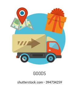 Delivery Goods Flat Icons for e-commerce with Truck, Map and Gift. Vector isolated on white.