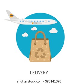 Delivery Goods Flat Icons for e-commerce with Airplane and Bag. Vector isolated on white.