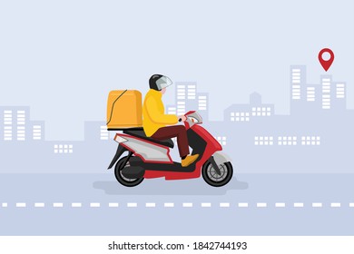 Delivery of goods and food. A courier on a motorcycle drives through the city to the delivery point. Delivery during a pandemic. Vector illustration.