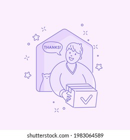 Delivery of goods, food and products from various online stores. The concept illustration shows the moment when the product was received and the order was confirmed. The happy guy holds the package.