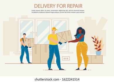 Delivery Goods for Home Apartment or Office Repair. Woman Customer Receiving Parcel Boxes Purchased in Hardware Store. Courier Characters Delivering Tools for Work in Packages. Shipping Service