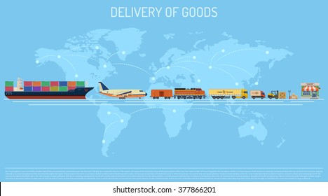 Delivery of Goods Logistics Concept with Railway Freight, Air Cargo, Maritime Shipping and Trucking Flat icons. vector illustration