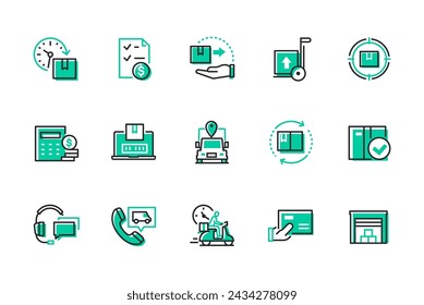 Entrega de mercancías y logística - conjunto de iconos de estilo de diseño de línea aislados sobre fondo blanco. Imágenes de alta calidad de paquete, servicio de mensajería, código de barras, transporte, almacén e idea de mensajería