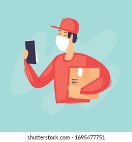 Delivery of goods, masked courier, virus, self-isolation. Flat design vector illustration.