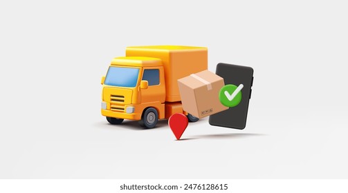 Delivery of goods, mobile applications, truck, boxes, smartphone, navigation icon, 3D. For logistics design concepts. Vector