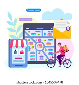 Delivery of goods from the online store, the definition of geo location using navigation, messenger cyclist delivers goods from the online store. Vector illustration.