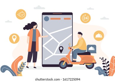 Delivery of goods from the online store, the definition of geo location using navigation. Courier biker delivers goods from internet marketplace. Woman client and deliveryman. Vector illustration