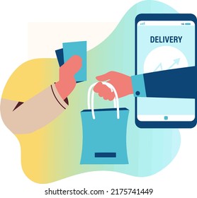 Delivery of goods from the online store hand with a parcel and a mobile application on the background