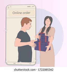 Delivery of goods from the online store - a satisfied girl receives purchases from a smartphone. This symbolizes fast delivery from the store and satisfied customers.
