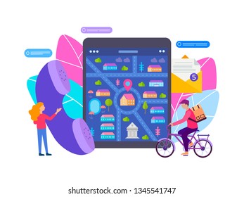 Delivery of goods from the online store, taking orders online, determining the location using the navigation Vector illustration Taking orders and delivery online