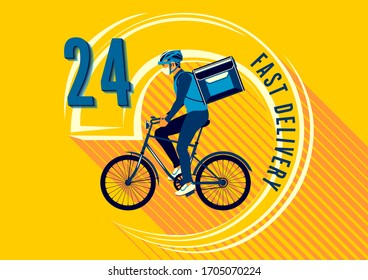 
Delivery of goods for the prevention of coronovirus Covid-19. Masked courier with a backpack on a bicycle. Vector flat illustration.