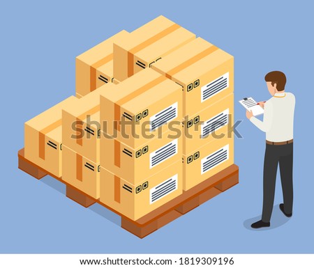 Delivery of goods, products, cardboxes with things, man with clipboard checking parcels in list, orders, send to customer, boxes with stickers, labels, international packages, carton boxes on stock