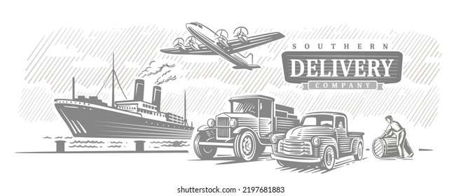 Delivery of goods retro transport. Old plane and ship