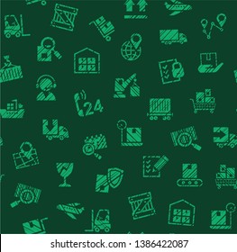Delivery of goods, seamless pattern, color, shading, pencil, icons, green, vector. Cargo transportation and delivery of goods. Vector flat seamless pattern. Imitation of pencil hatching. 