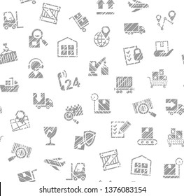 Delivery of goods, seamless pattern, single color, shading pencil, icons, white, vector. Cargo transportation and delivery of goods. Gray icons on white background. Imitation of pencil hatching. 