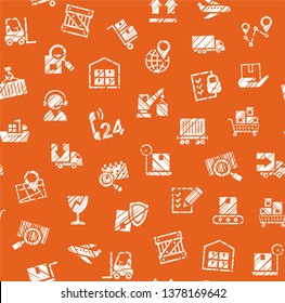 Delivery of goods, seamless pattern, single color, shading, pencil, badges, brown, vector.  White icons on orange-brown background. Imitation of pencil hatching. Vector flat seamless pattern. 