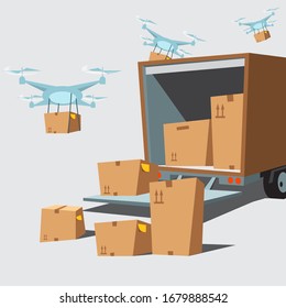 Delivery goods service. Van with carton boxes box flat style design. Express transportation and shipping. Delivery of goods by drones and robots.