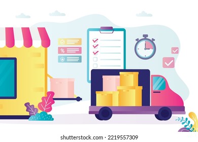 Delivery of goods from store. Supermarket building and truck full of boxes. Delivery of purchases to customers. Logistics, fast and free shipping. Shopping and delivery service, business concept. 