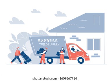 Delivery of goods in the truck at home. The concept of fast shipping. Loaders, characters unload the van, carry boxes. Vector illustration.