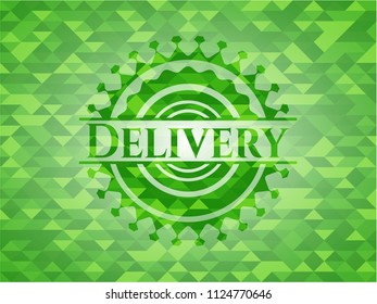 Delivery green emblem with triangle mosaic background