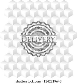 Delivery grey badge with geometric cube white background