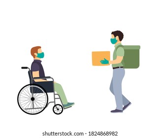 delivery of groceries to a disabled person in a wheelchair, courier with a backpack wearing mask and gloves