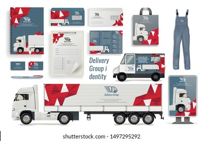 Delivery Group Identity Flat Cartoon Banner Vector Illustration. Branding Corporate Mockup. Realistic Uniform, Logo, Business Cards, Envelope, Stationery, Truck, Bagand Advertisement Poster. Shipping.