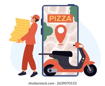 Delivery guy with big boxes pizza and scooter. Smartphone navigation app. Location GPS pin. Deliveryman carrying pizzeria order. Courier on motorbike. Mobile phone screen