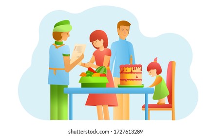 The delivery guy brought the groceries. Family dinner. Birthday. Vector illustration. Fast delivery. Homemade holiday.