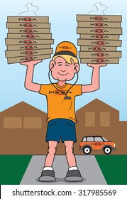 Delivery guy carrying two stacks of hot pizzas