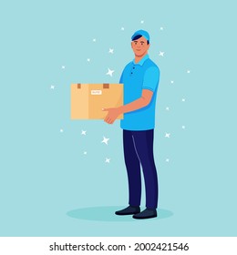 Delivery guy with carton box in hands. Courier in cap with parcel. Vector illustration