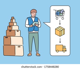 A delivery guy is checking a chart next to a stacked box. hand drawn style vector design illustrations. 