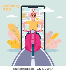 Delivery guy comming out of smartphone app Delivery concept Vector