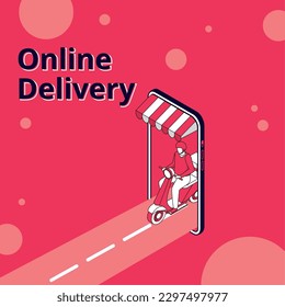 Delivery guy comming out of smartphone app Delivery concept Vector