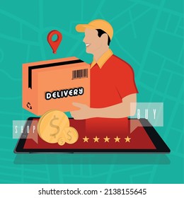 Delivery guy commint out of a cellphone Delivery concept art Vector