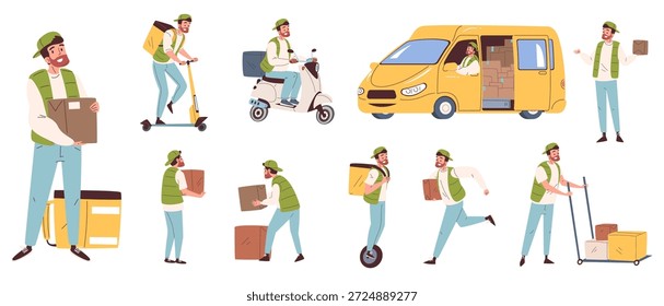El repartidor. Courier Logistic Service Worker, entrega hombre cartero con caja de carga paseo en transporte scooter entrega pedidos de tienda, personaje de dibujos animados Ilustración vectorial con clase