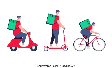 Delivery guy, courier in red shirt with food delivery backpack on different transport as bicycle, electric scooter and moped. Delivery service concept. Minimalistic flat vector illustration.