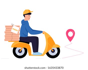 Delivery guy delivering pizza on a yellow motobike. Man riding a scooter