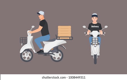 Delivery guy dressed in uniform riding scooter. Courier boy in cap sitting on modern motor moped isolated on white background. Front and side views. Colorful vector illustration in flat cartoon style.