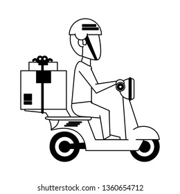 Delivery guy driving scooter with boxes in black and white